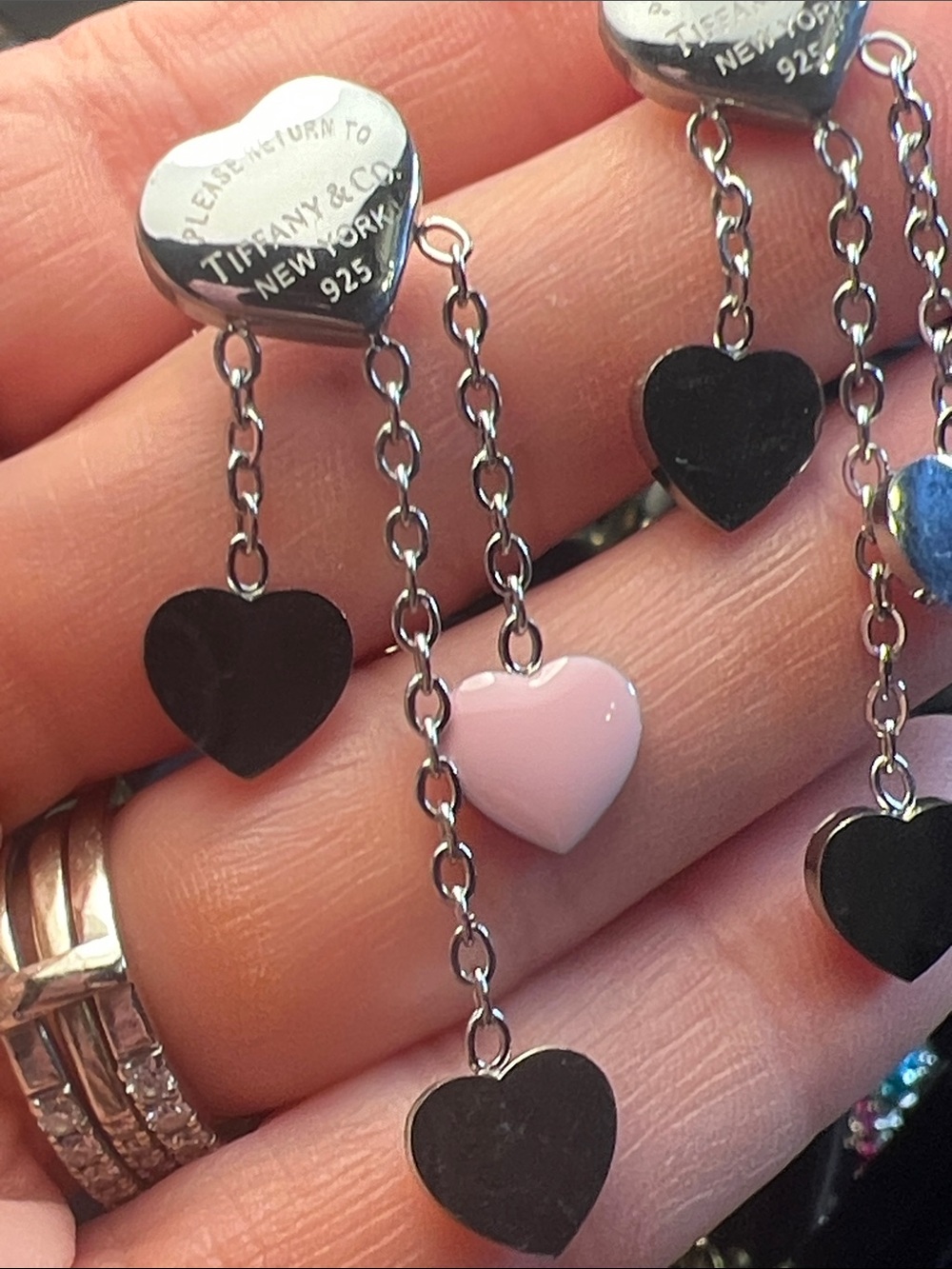 Silver Hearts with Heart Drop Dangles Charms in Silver and Pink Enamel - Picture 6 of 6
